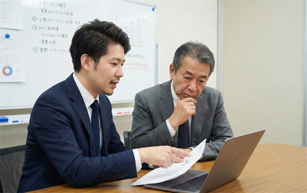 採用計画を確認しながら打ち合わせをしている様子